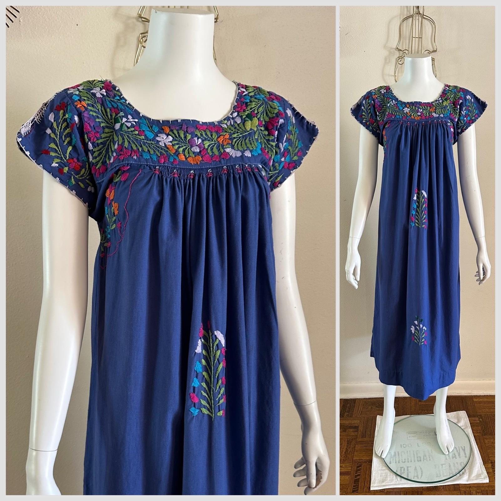 1970s Mexican Huipil Dress Oaxacan Embroidered Blue Floral Midi Cotton Vintage