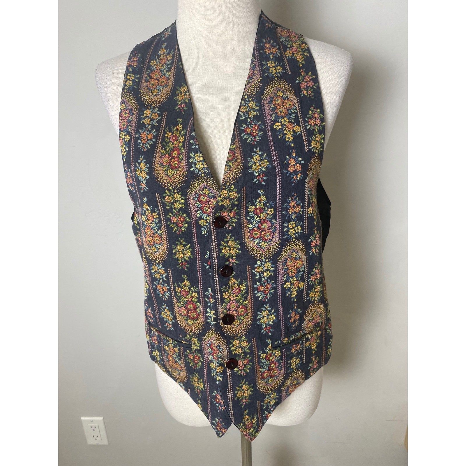Vintage 90s Tapestry Floral Paisley Vest Navy Boho Waistcoat Adjustable Back S