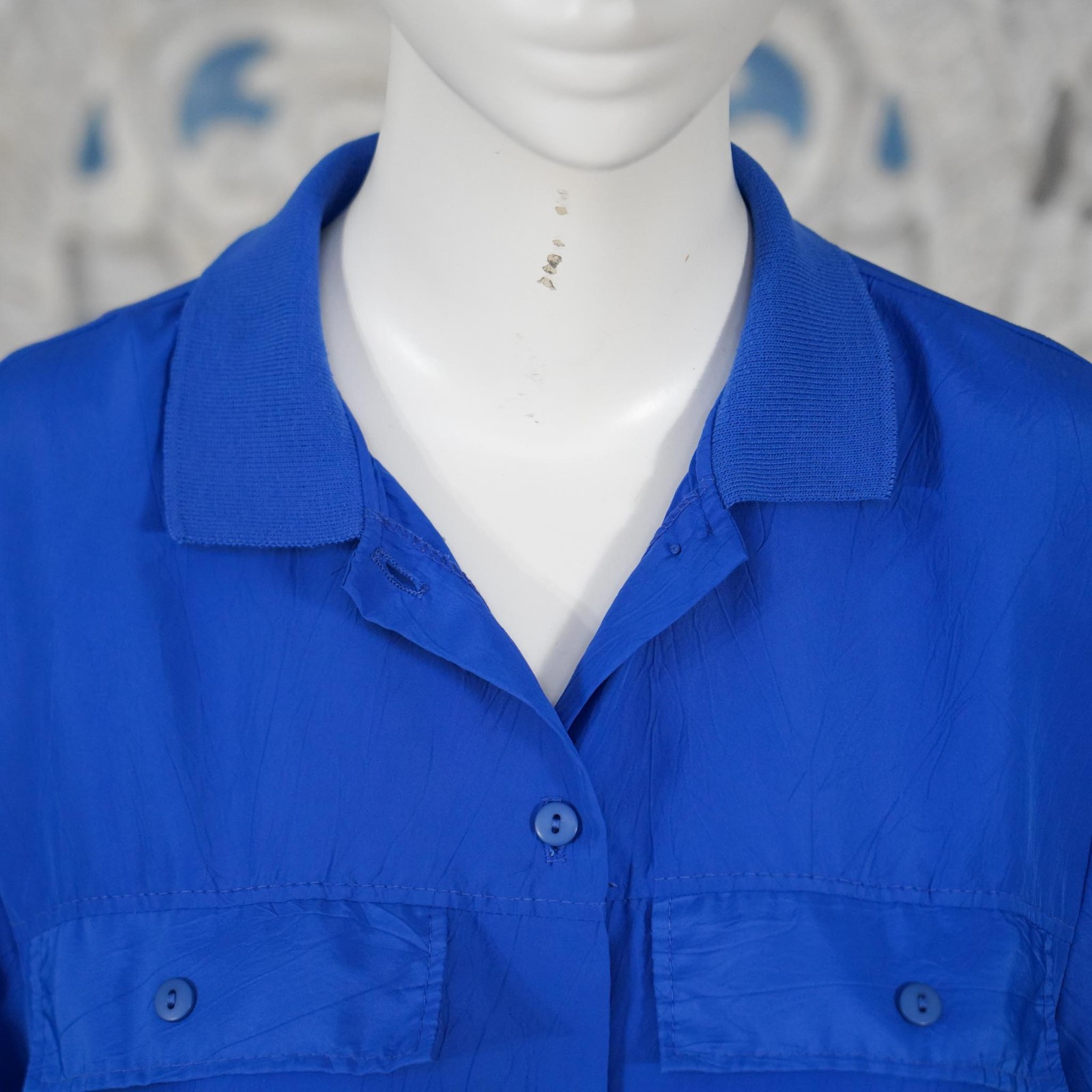 Vintage Rhoda Lee Crinkle Blouson Shirt M Blue USA Made Ribbed Hem Track Style