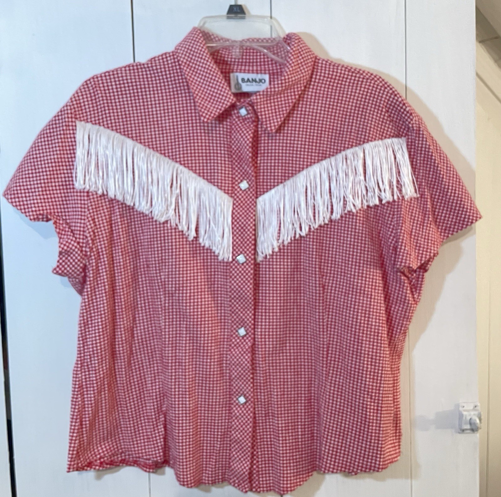 Vintage Ladies XL Banjo Western Shirt Red Gingham Fringe Snap Front Short Sleeve