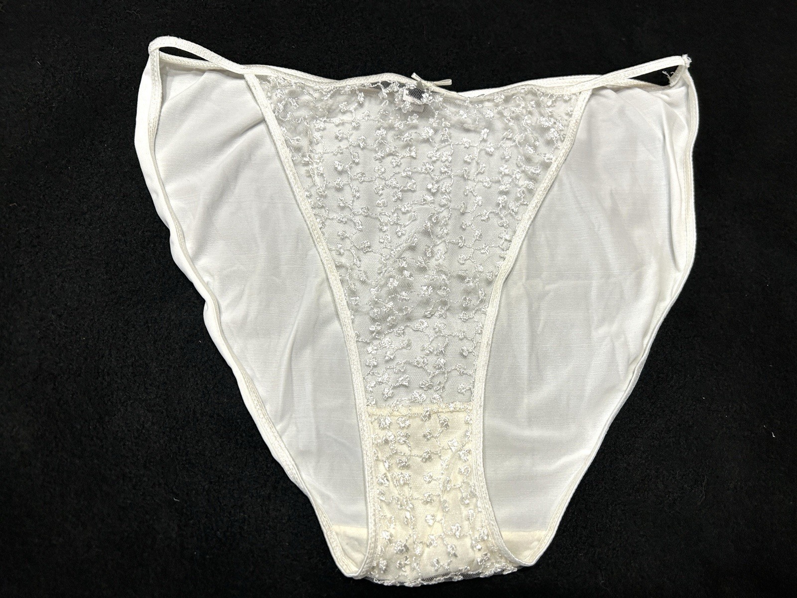 Vtg DONNA LOREN 105X Embroidered Sheer Mesh Satin 4X White String Bikini Panties