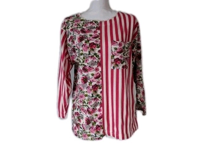 80s 90s Mixed Print Pink Floral Striped Pocket Top Women’s Large Handmade 181