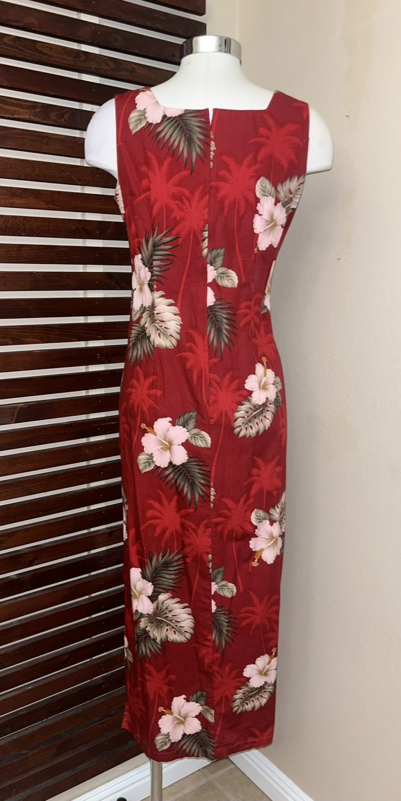 1990s 90s Vintage Red Hibiscus Floral Hawaiian Sleeveless Maxi Dress Side Slit S