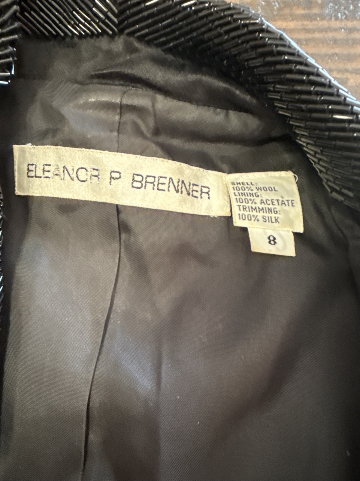 1980’s Black Wool Silk Beaded Blazer Eleanor P Brenner Quiet Luxury Shoulder