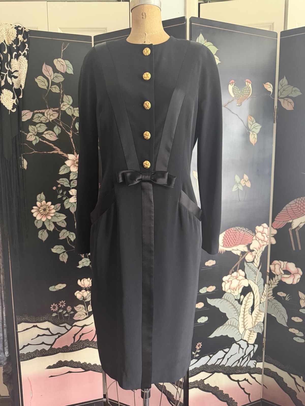 Vintage ‘80s Nipon Boutique Black Crepe & Satin Dress Long Sleeve Bow 8 Small