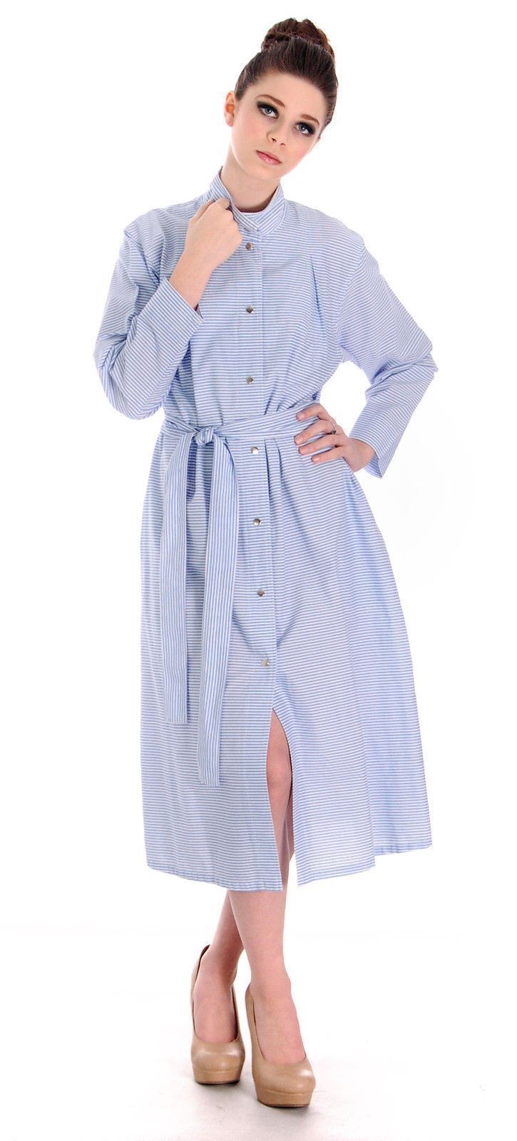 VTG 70s Vuokko Mod Shirt Dress Sky Blue White Stripe Cotton Finland M–L (S)