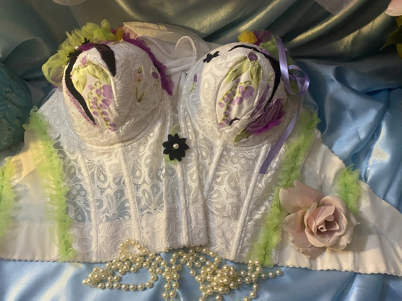 Vtg Dollcore CORSET BRA Festival BUSTIER Sissy Patchwork BOWS COACHELLA 38D