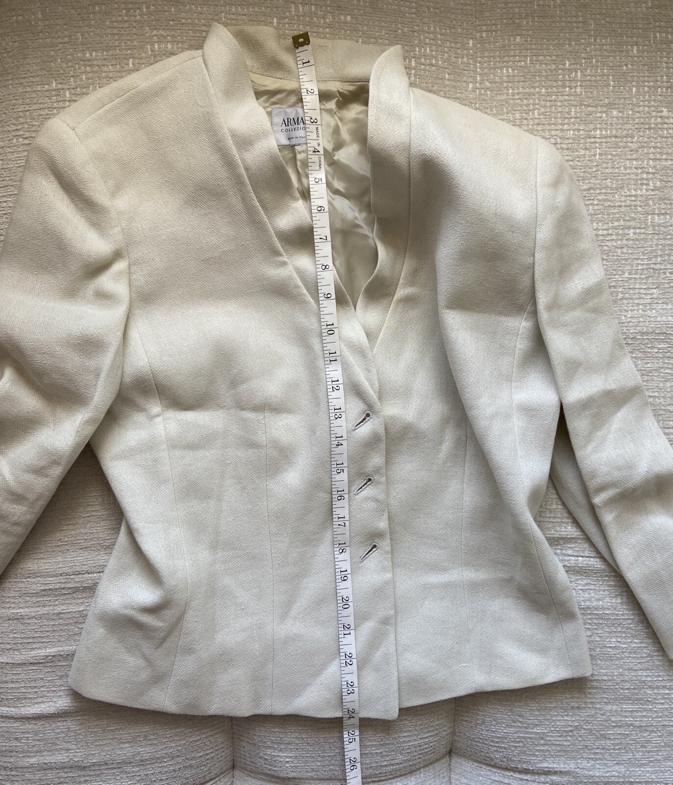 Armani Collezioni Blazer Women’s 46/M Vintage Linen Cream Ruffle Neckline accent