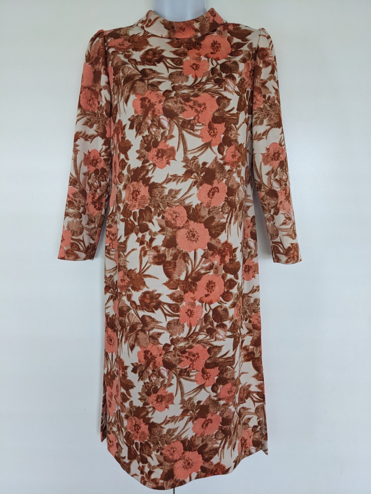 Vintage 70s 60s Floral Polyester High Neck midi house shift sheath dress peach