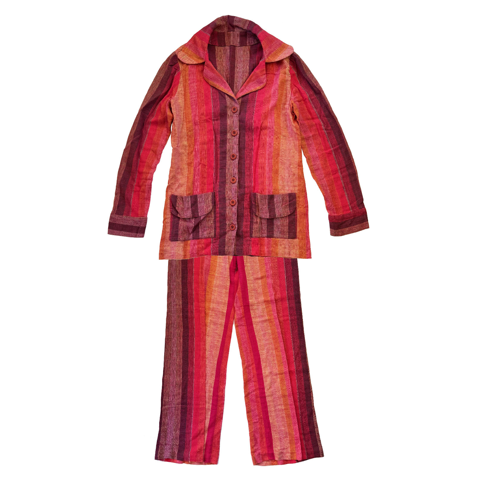 Vintage 70s Womens Pants Suit Red Ombre Striped Cotton Woven Jacket Pants Size 8