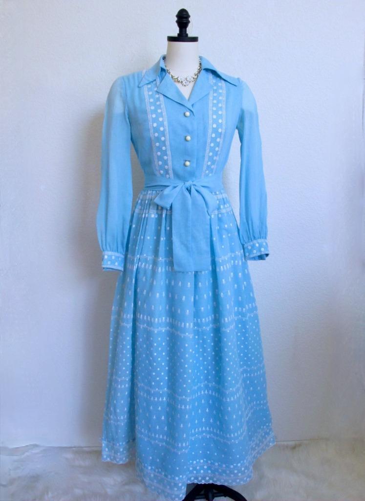 Vintage 70s Rona New York Embroidered Cotton Voile Maxi Dress XS Blue Wht Sash