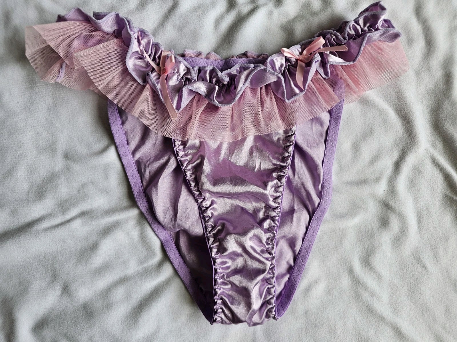 Vintage Girly Glossy Satin String Bikini Panties. Size Large