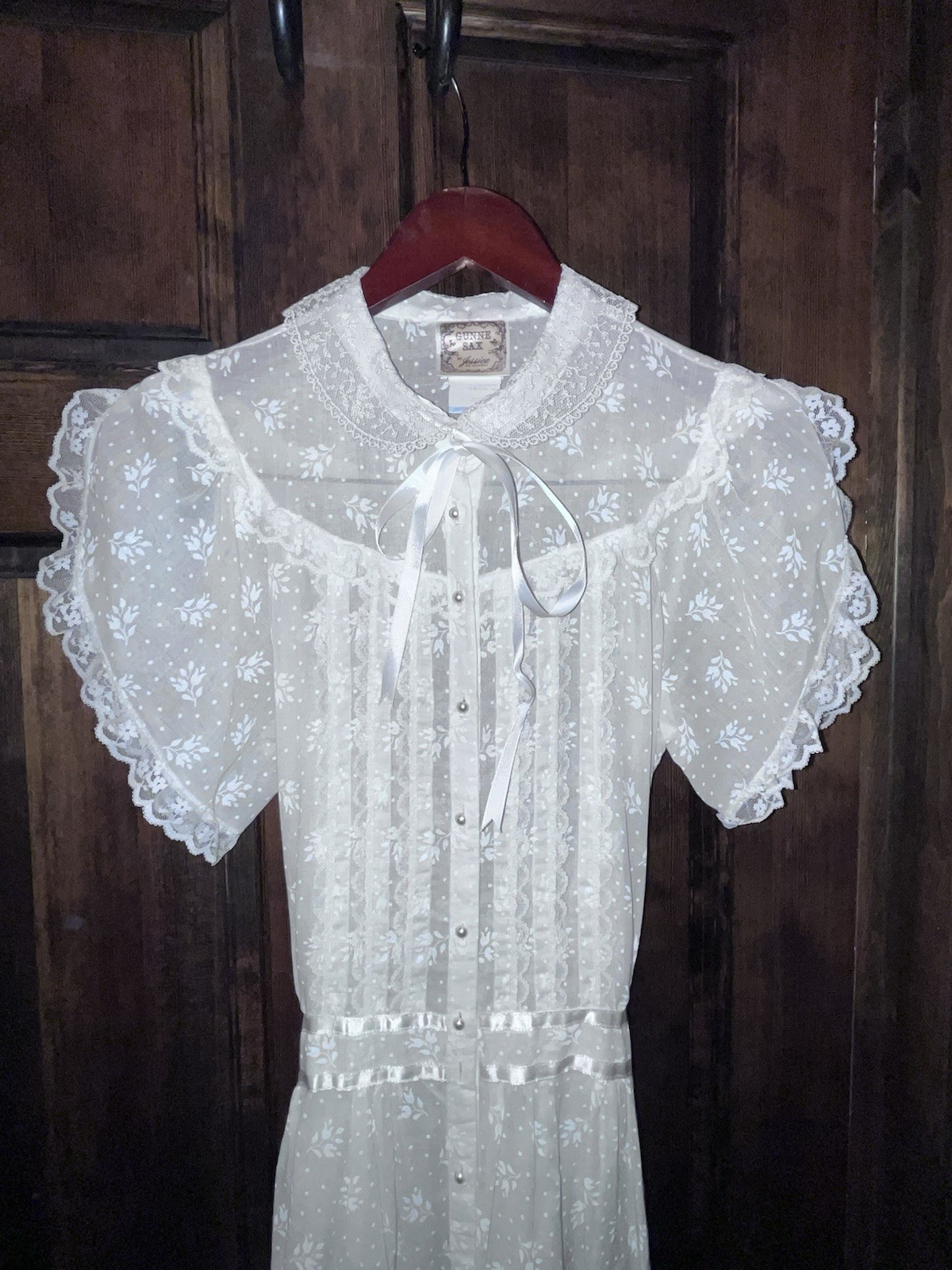 Vintage Gunne Sax by Jessica McClintock Floral Lace Sleeve Pearl Dress Size 9