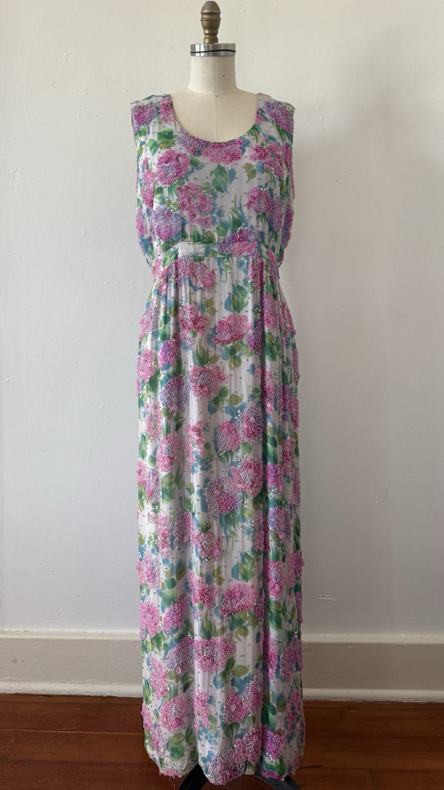Vintage 1950s 60s Rare Designer Sara Fredericks Hand Beaded Chiffon Evening Gown
