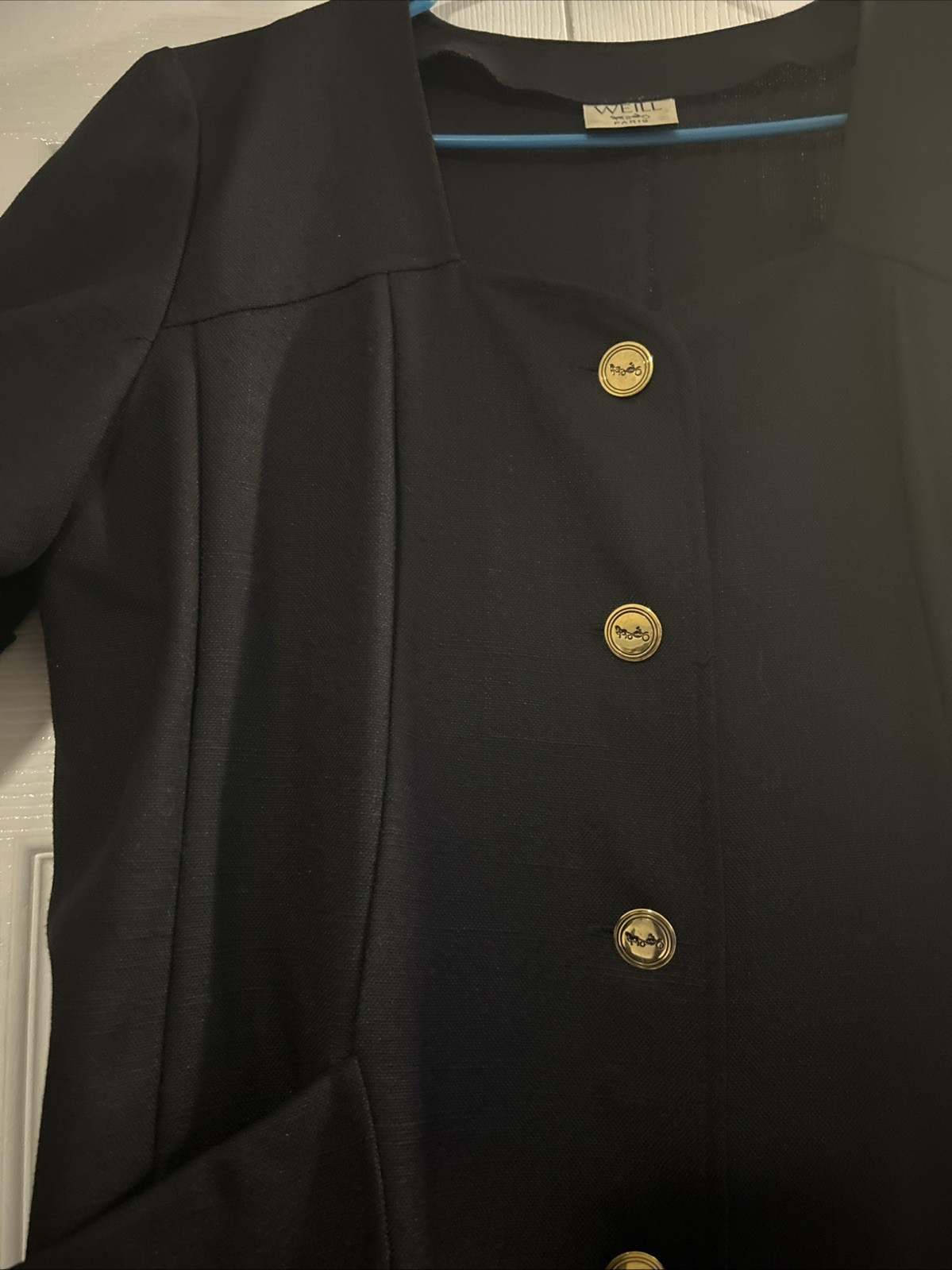 WEILL Paris Vintage Navy Blue Button Front Dress Gold Crest Buttons Old Money