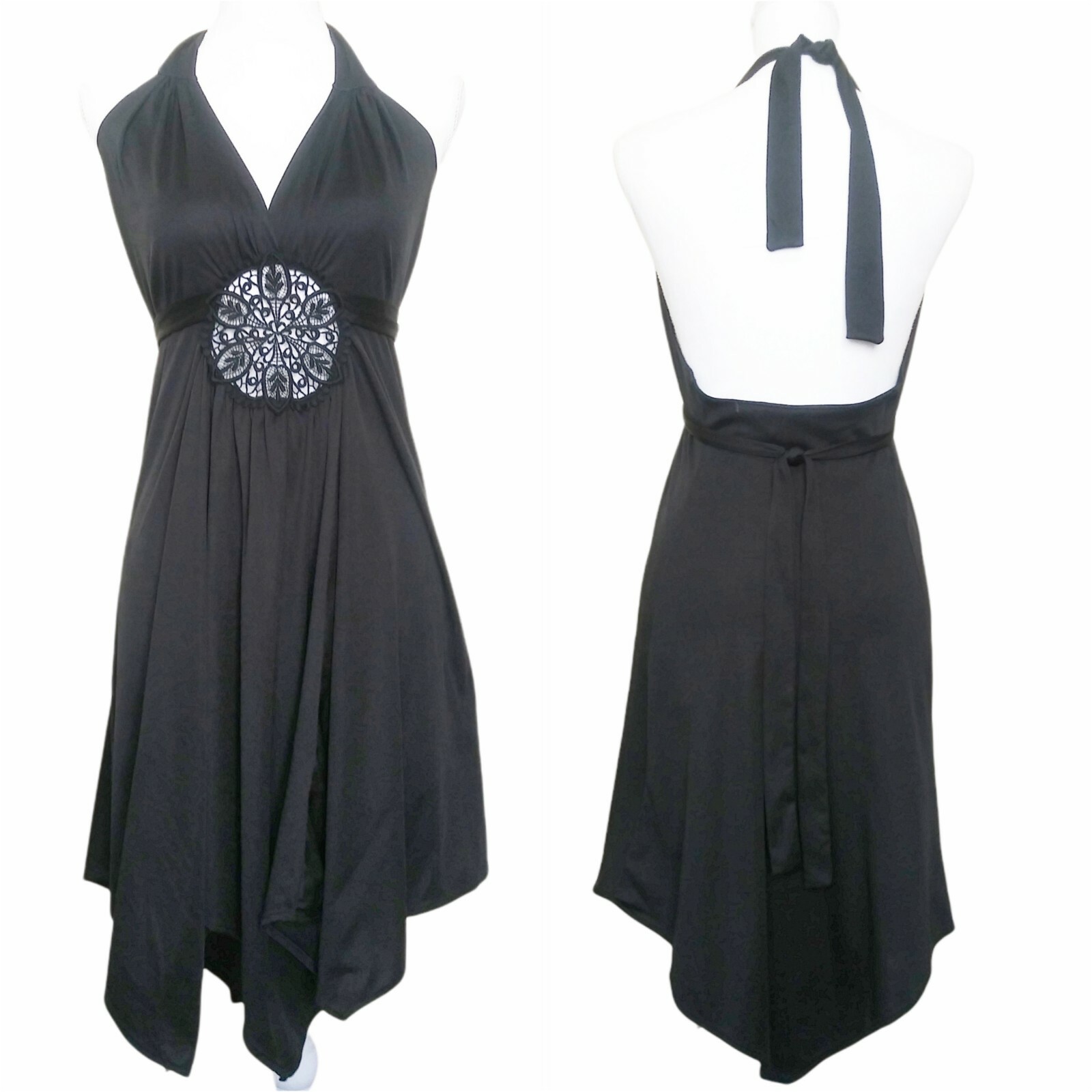 Y2K Jersey Halter Dress M Black Lace Center Goth Festival Fairycore Witchcore