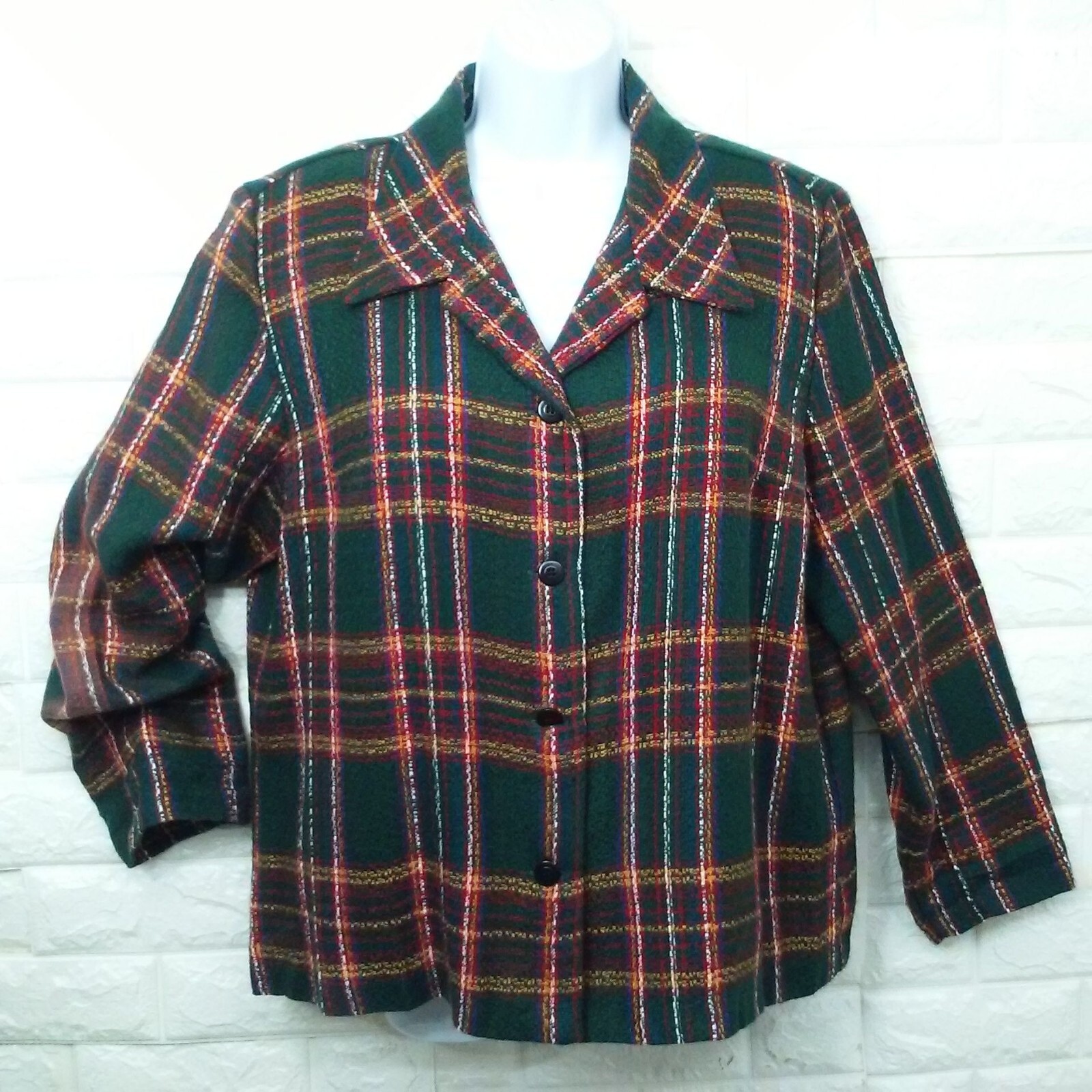 Vintage 80s Kensington Square Plaid Jacket Boxy Boucle Shacket -XL Hunter Green