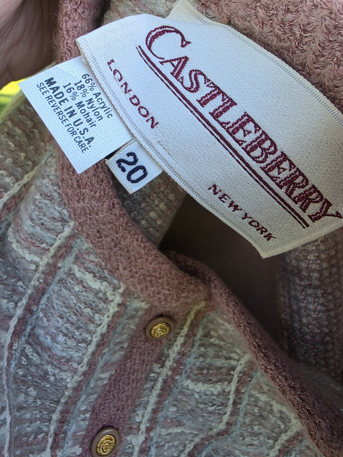 Vtg Castleberry Knits Skirt Suit Set Boucle Tweed Pink Cream Plaid Plus Mohair