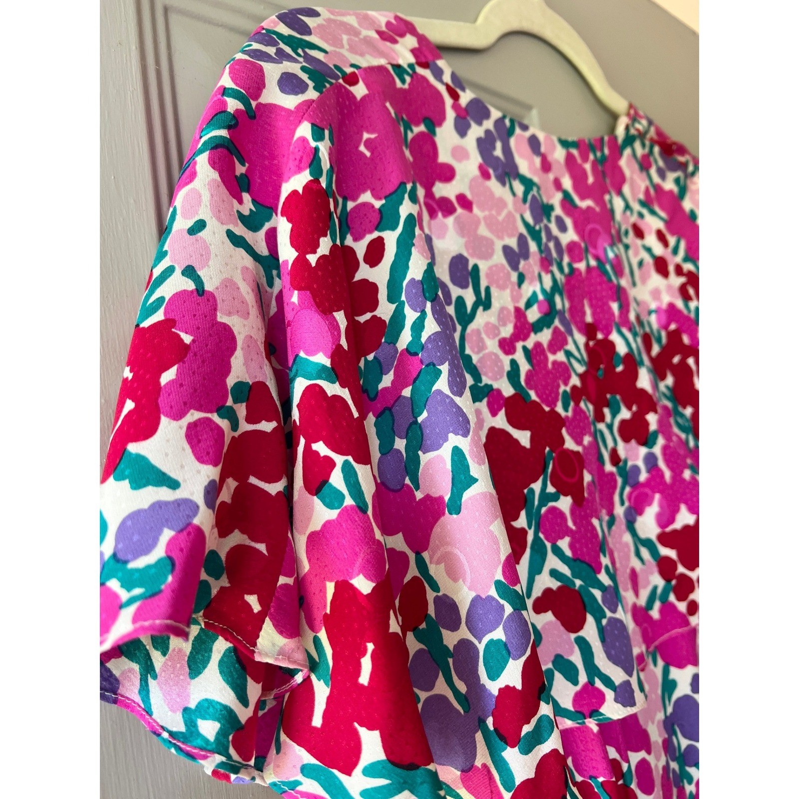 Jack Mulqueen Vintage Silk Dress Size 4 S Bright Floral Peplum Wrap V-Neck 80s