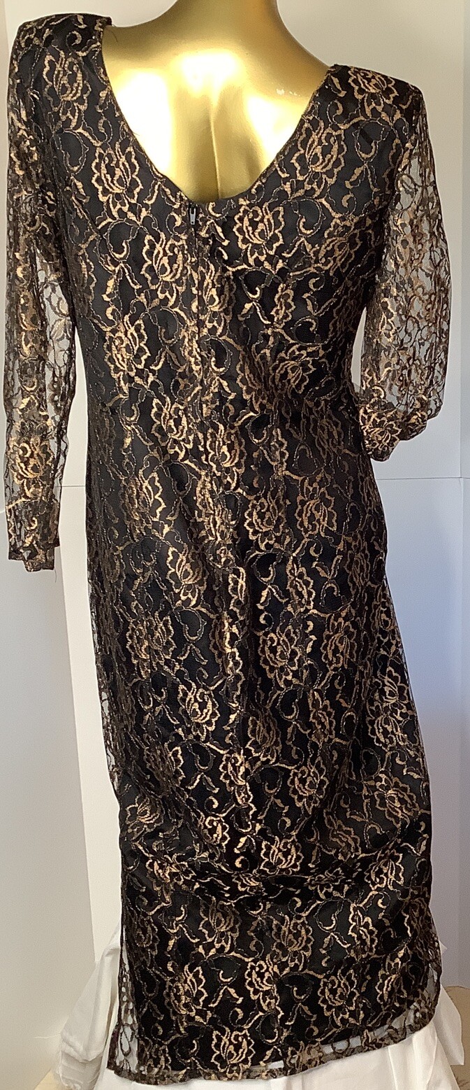 Vtg California Place 80‘s Long Sleeve Dress Sz 16 Black Gold Lace Flowers Goth