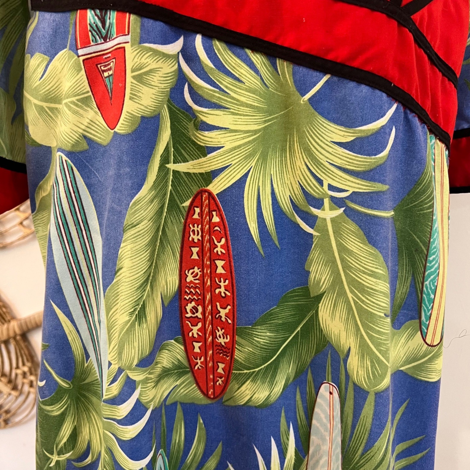 Vintage Blue Red Cotton Surfboard Palm Print Tropical Muu Muu Ruffle Dress Large