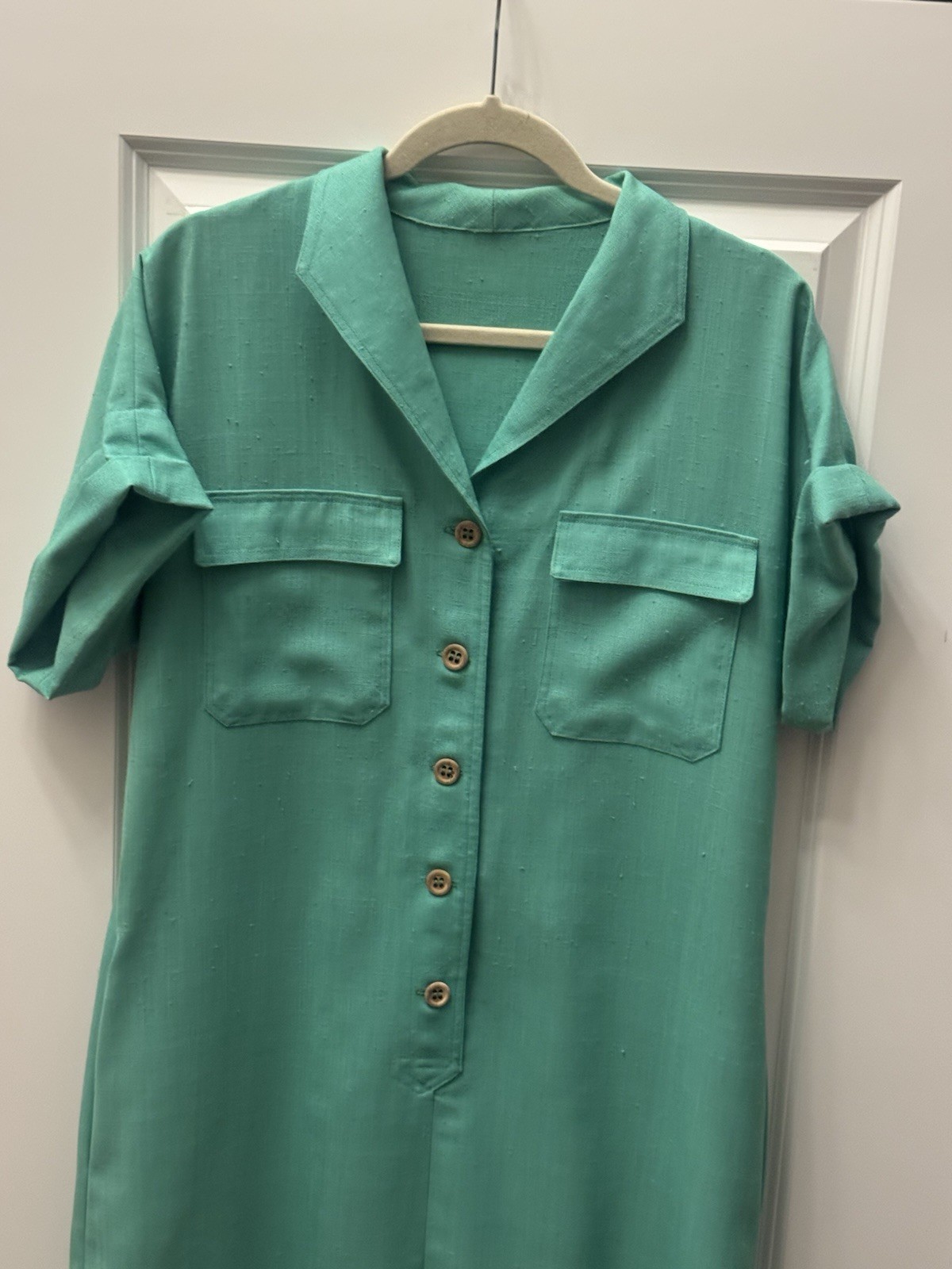 Vintage Green Cotton Slub Shirt Dress Button Front Safari Utility Medium