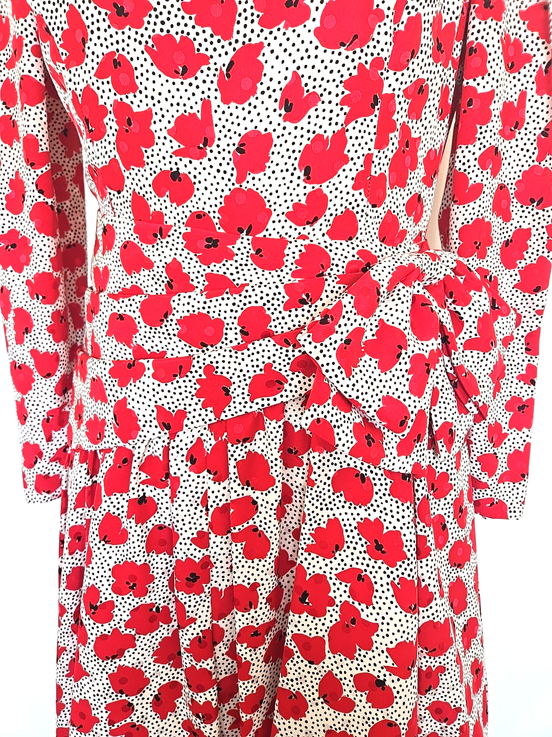 Vintage Hanae Mori Boutique side bow S Midi Dress Red White Black dots Floral