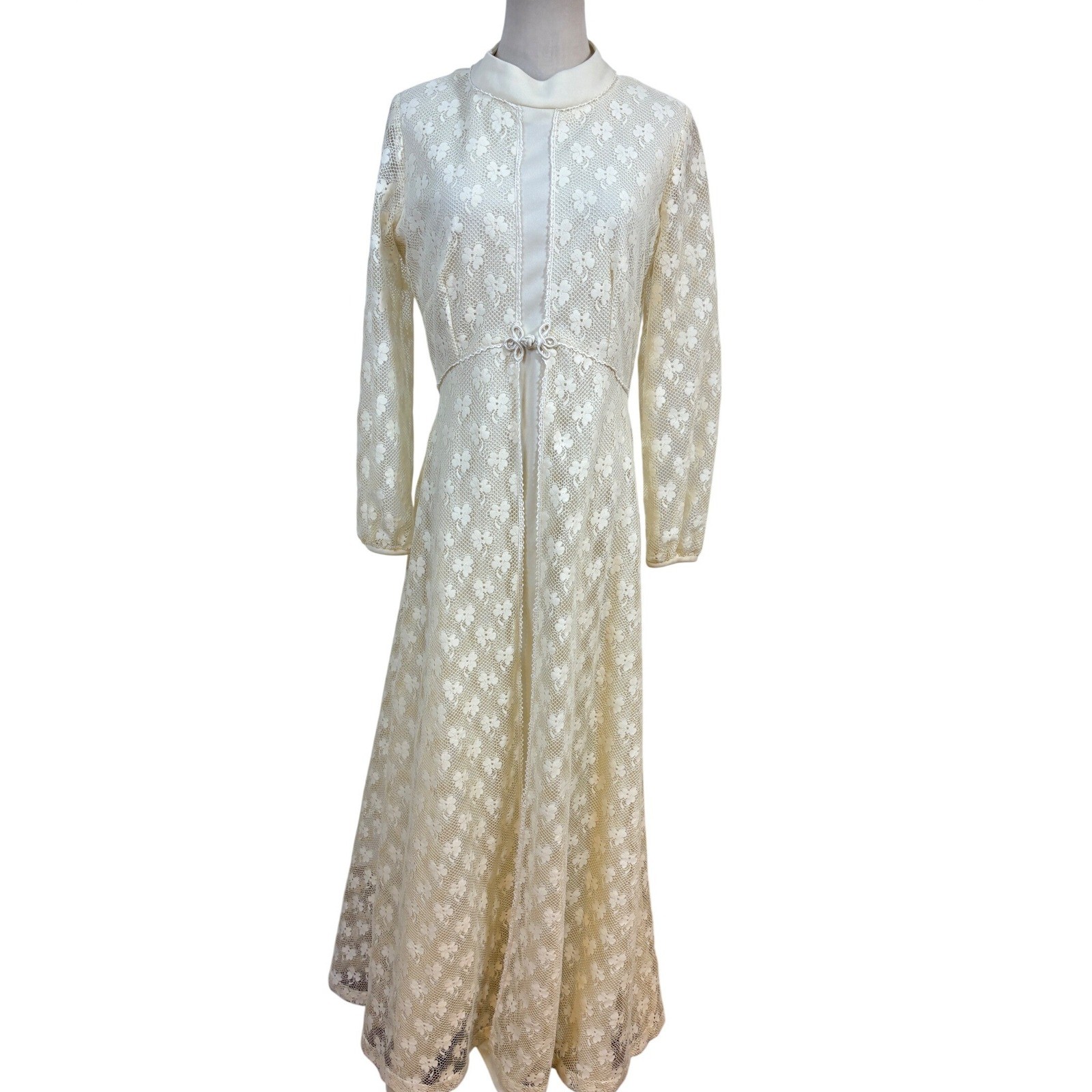 Vtg 70s Toni Todd Wedding Dress sz L Cream Shamrock Lace Maxi Long sleeve boho