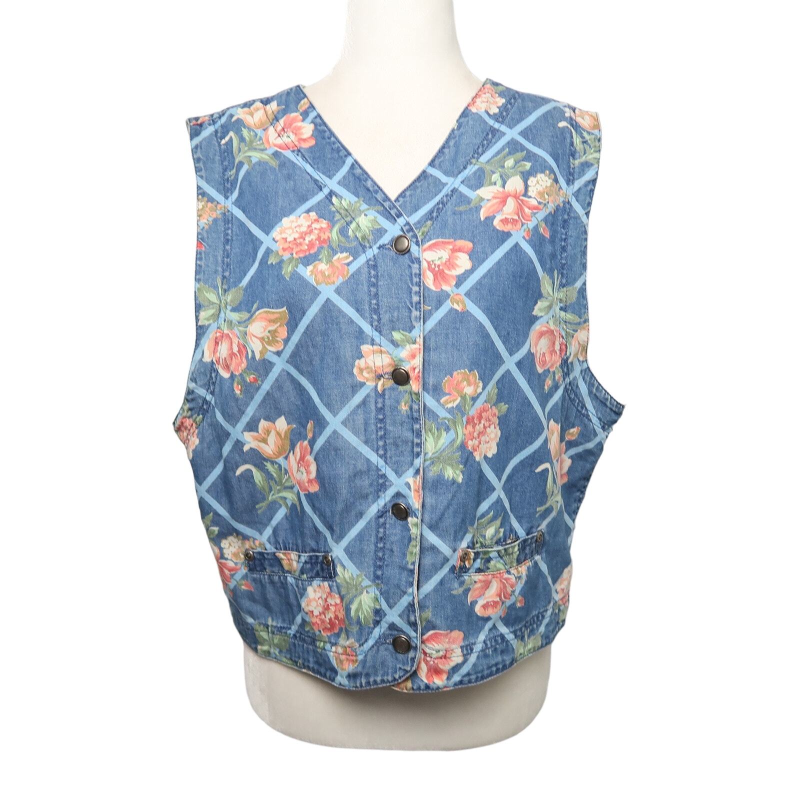 Vintage 90s Liz Claiborne blue and pink floral denim vest L