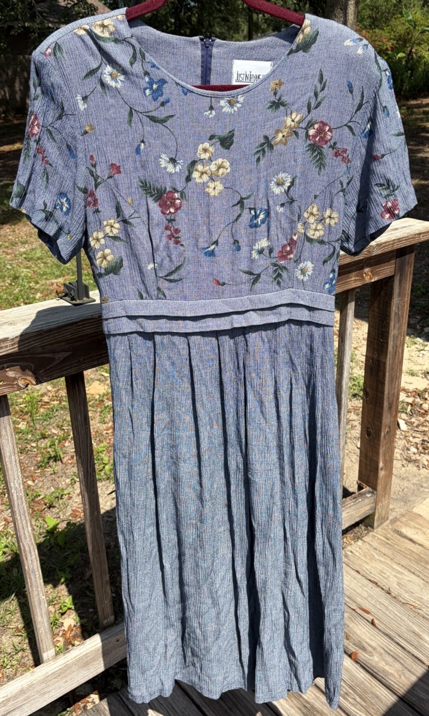 Vintage 1990s Just in Thyme Ltd Rayon Blue Floral Print Dress Sz16 Shoulder Pads