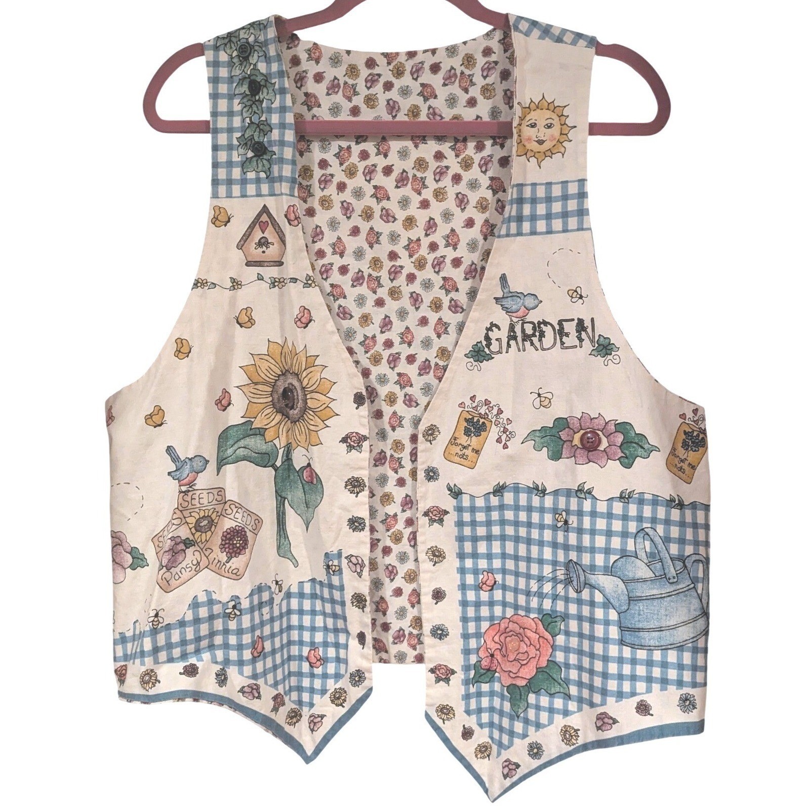 Vintage Reversible Garden Floral Vest Blue Gingham Sunflower Novelty Buttons