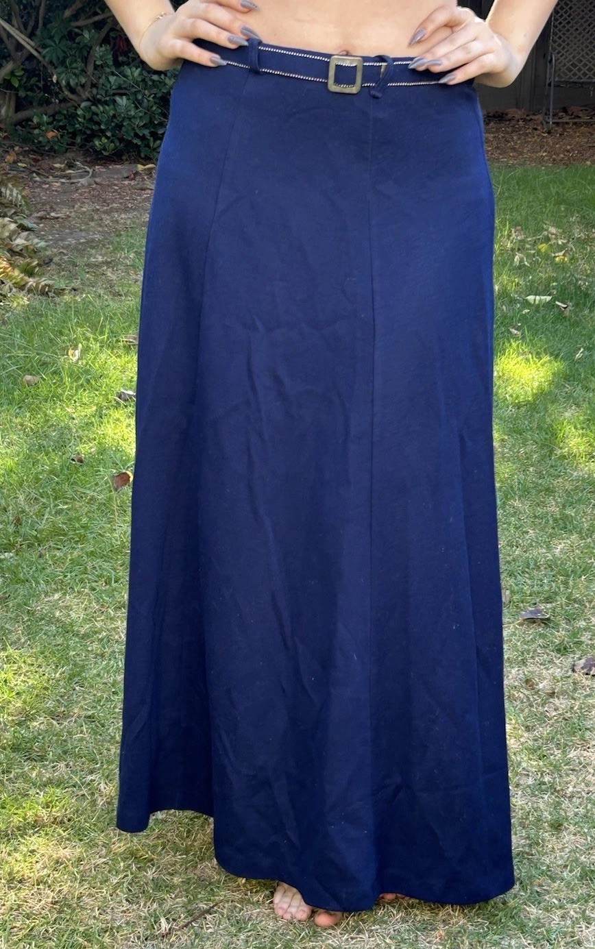 True Vintage 70s Maxi A-line Skirt Studded Matching Belt Navy Knit