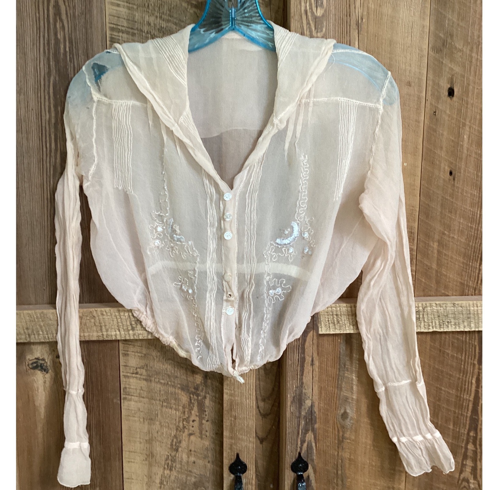 Antique Edwardian Sheer Silk Chiffon Blouse Blush Pink Embroidered Pintuck TLC