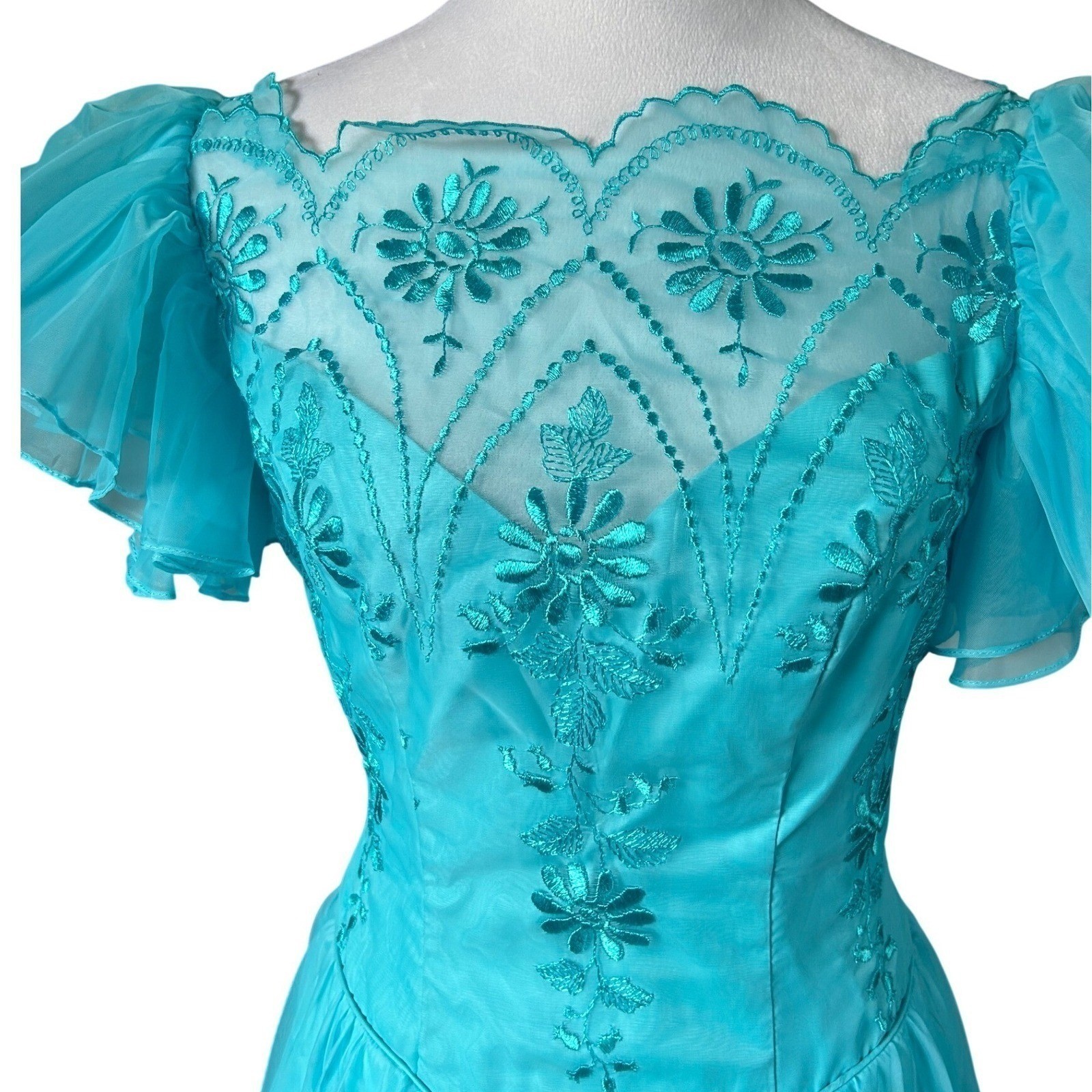 VTG Eve of Milady Formal Gown Bridesmaid Turquoise Embroidered Chiffon ILGWU 10