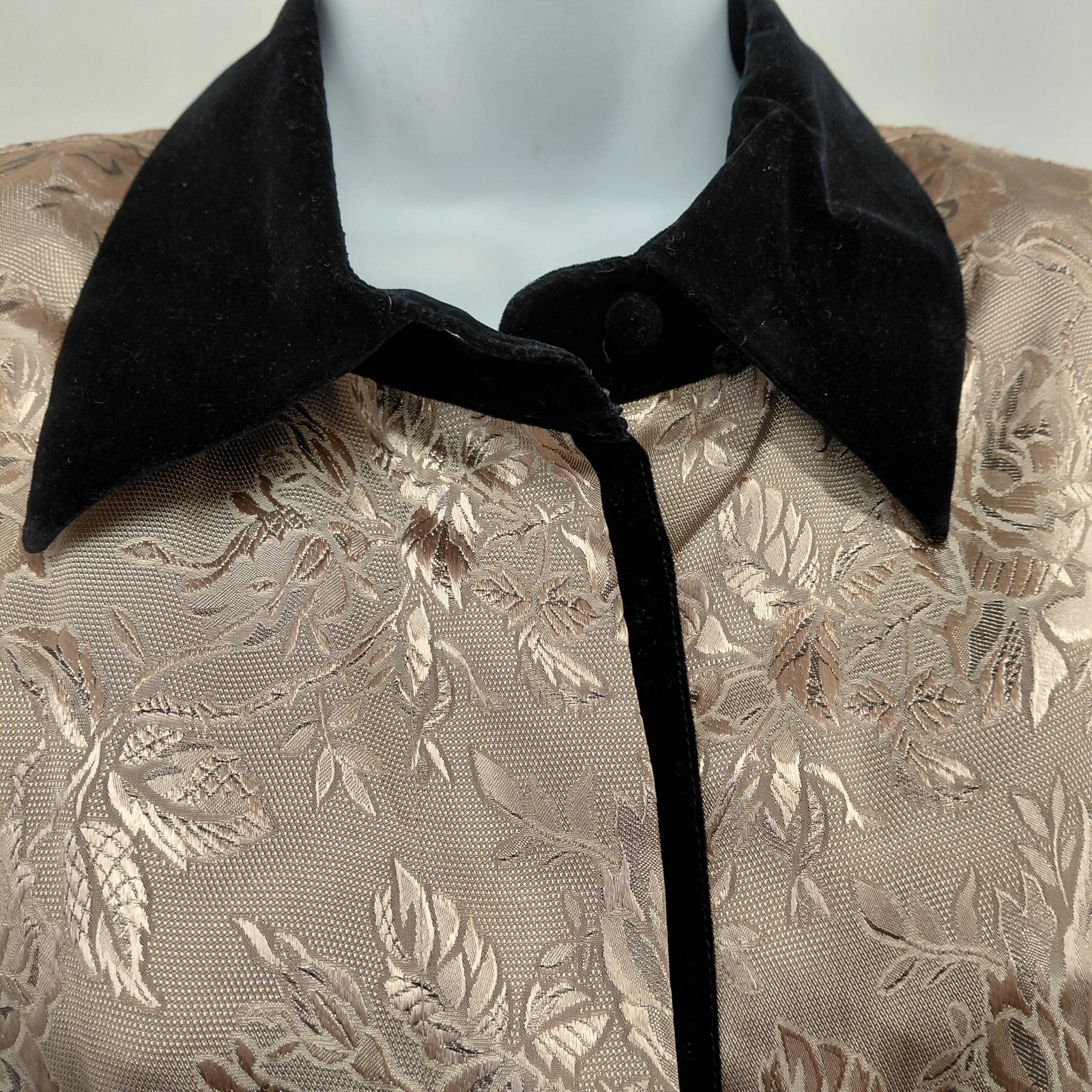 Susan Hutton Blouse Womens Size 16W Gold Black Velvet Trim Button Up Long Sleeve