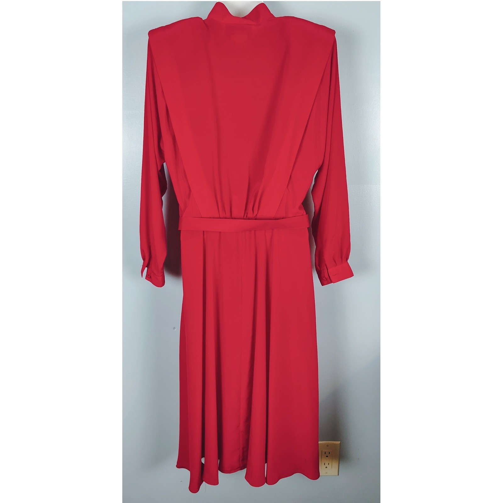Alain Toussaint Vintage 80s Red Belted Midi Dress Mock Neck Shoulder Pads 10P