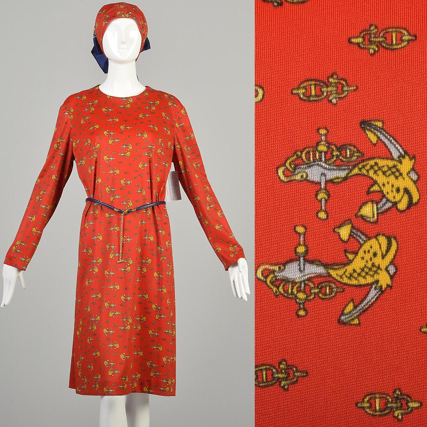 1970s XXL Fish Anchor Print Dress Matching Scarf Belt Red with Navy Blue