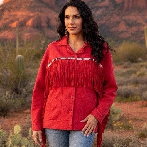 Vintage Cedars Red Fringe Western Jacket Womens Med Southwest Beaded Trim Hippie