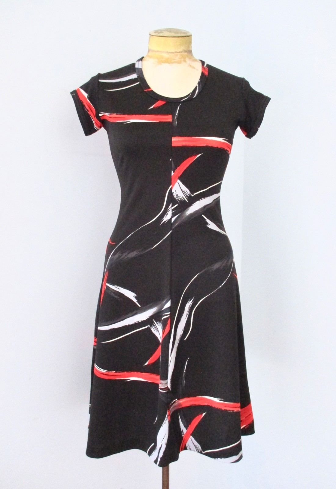 Vtg 60s 70s Black Red White Abstract Paint Strokes Poly Knit Fit Flare Dress 7