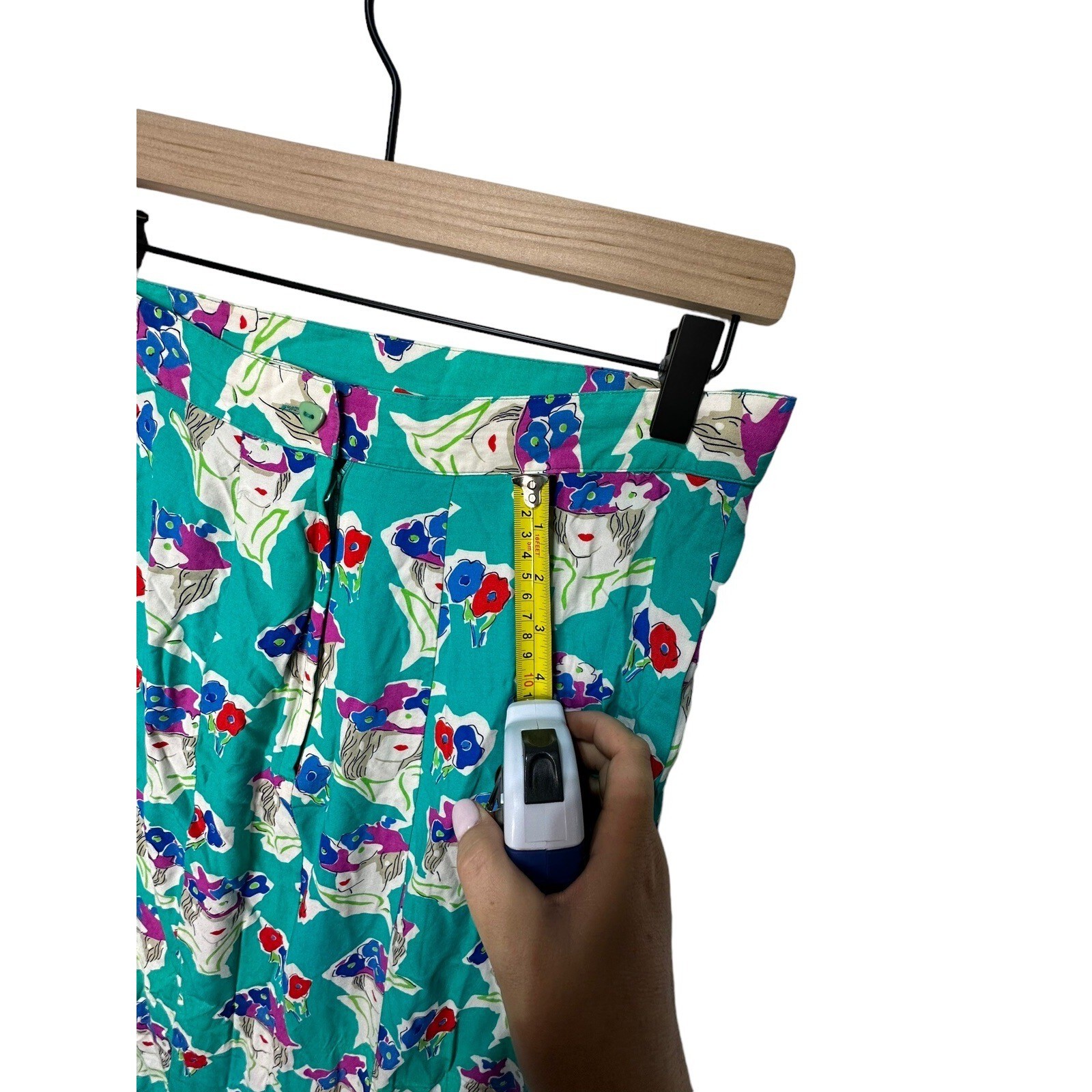 K & Company Vintage Teal Rayon Novelty Print Women Floral Hat Midi Skirt M