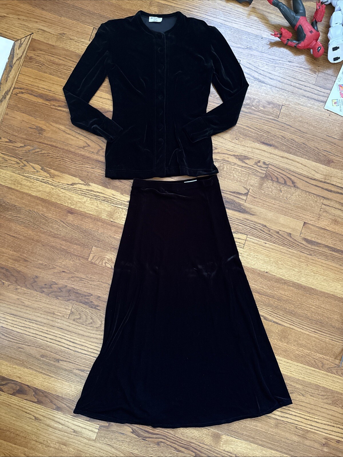 Vintage Bruno Duluc Kush Velvet 2 Pieces Jacket Skirt Velour Stretch Size S