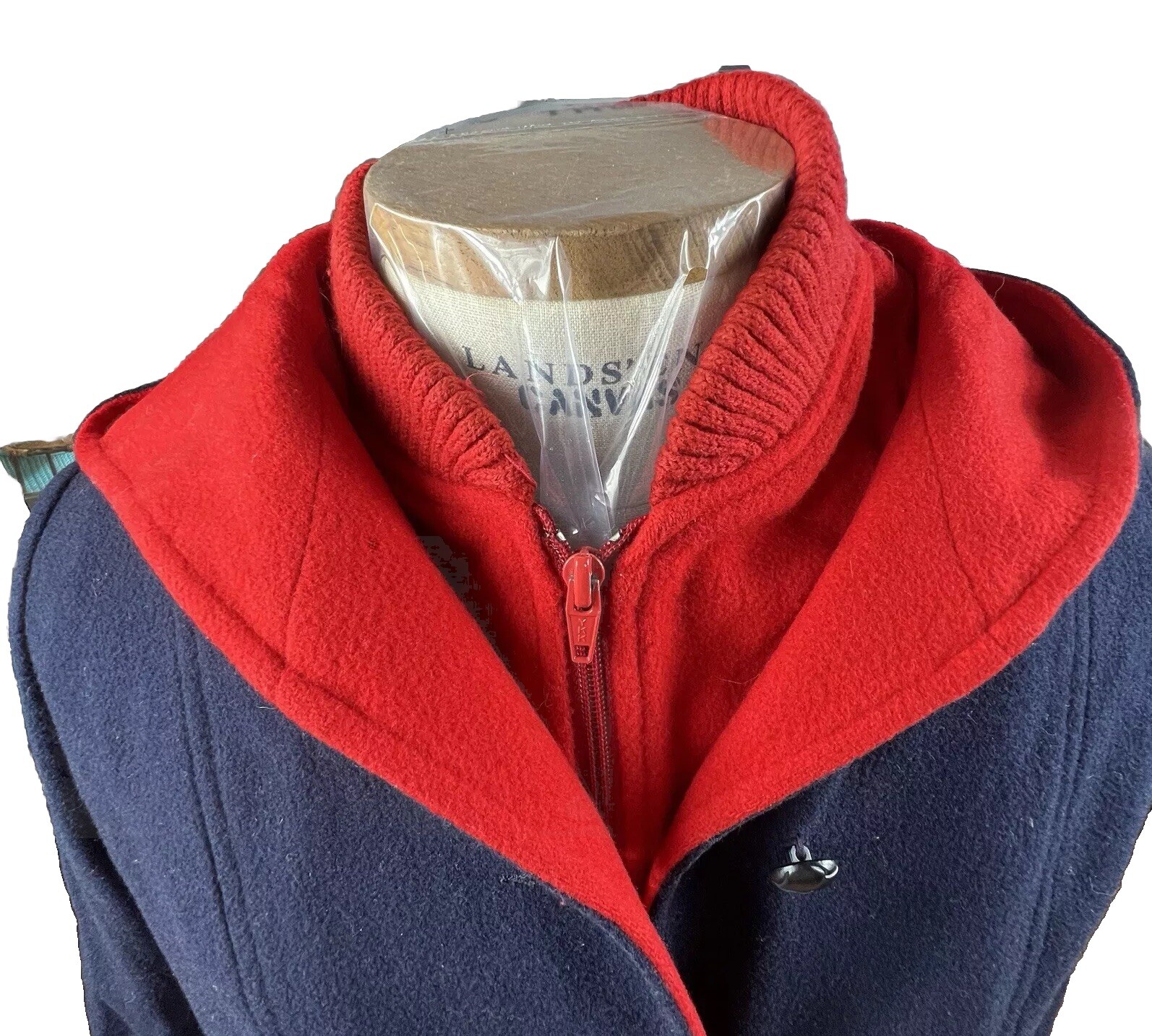 VTG Mackintosh 100% Wool Coat Women Lg Lined Hooded Vest and Coat Navy Red READ