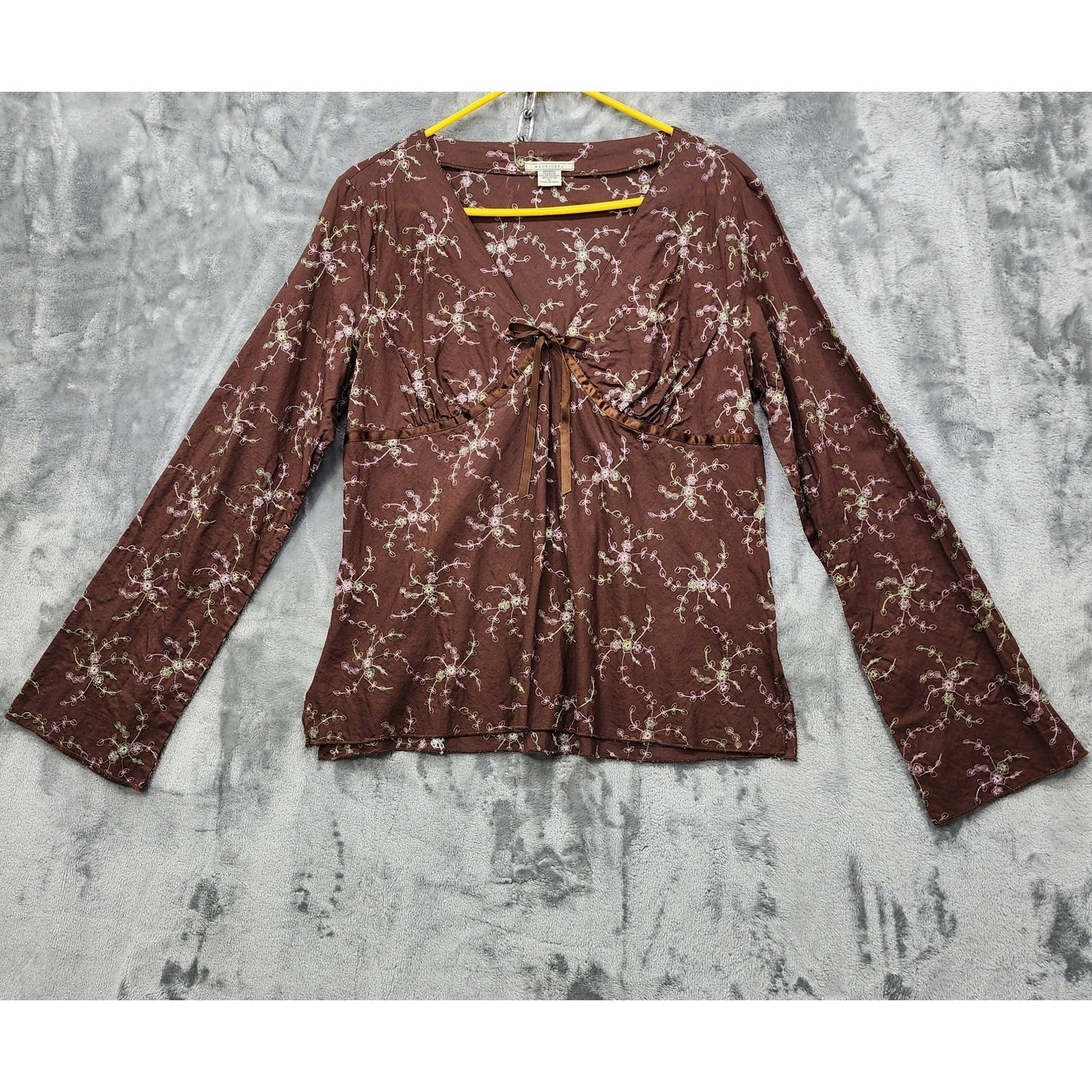 Vintage Maurices Top Women XL Brown Embroidered Floral Babydoll Long Bell Sleeve