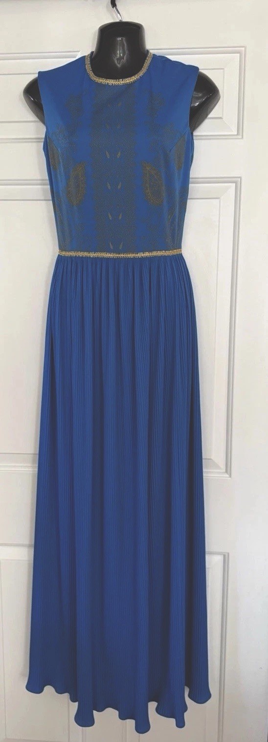 Vintage Alfred Shaheen Asian Inspired Hawaiian Aloha Maxi Dress Sz 8 Blue & Gold