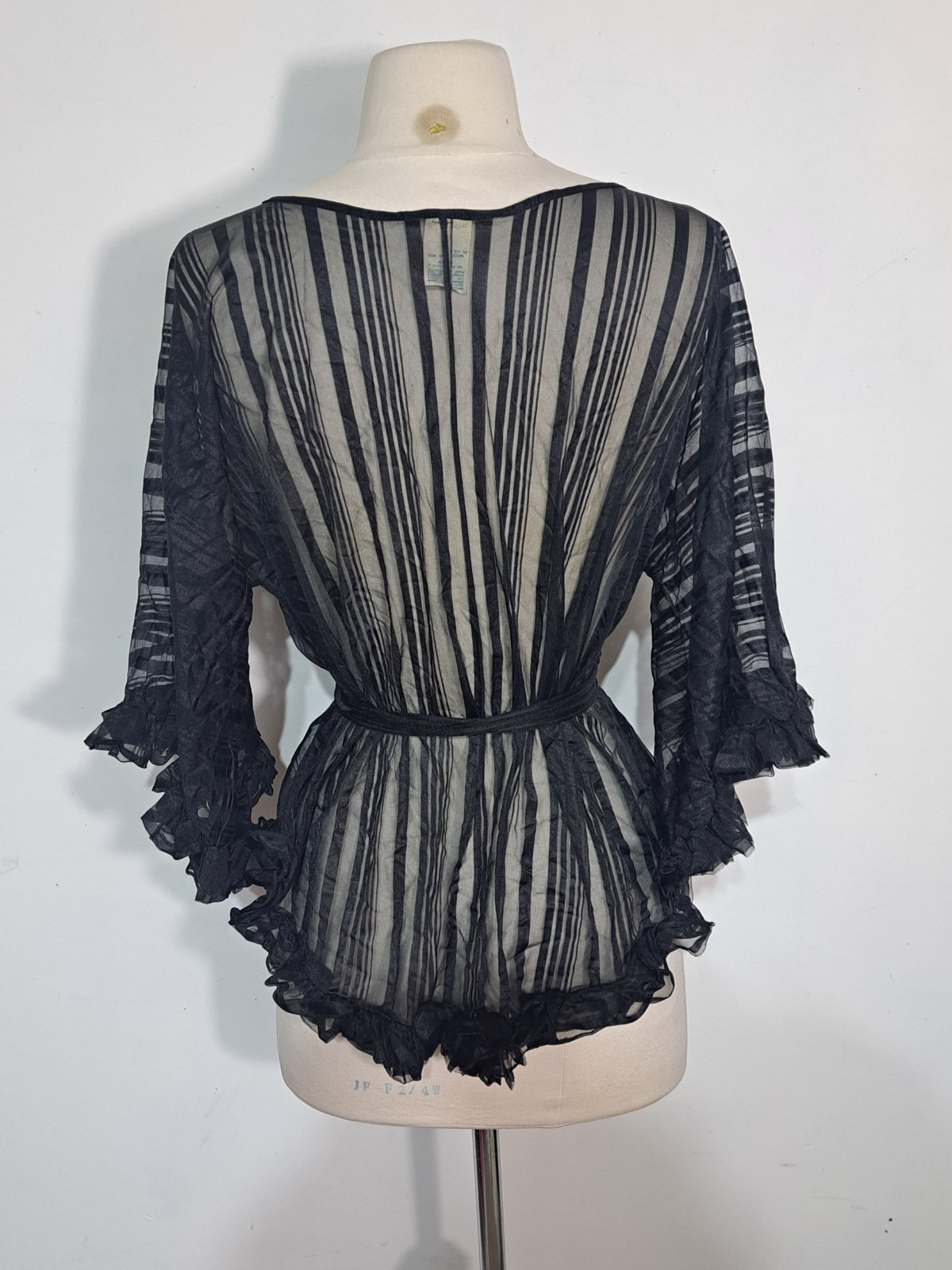 Vintage 1970s Black Sheer Stripe Pajama Set Sz S Shirley of Hollywood Ruffle