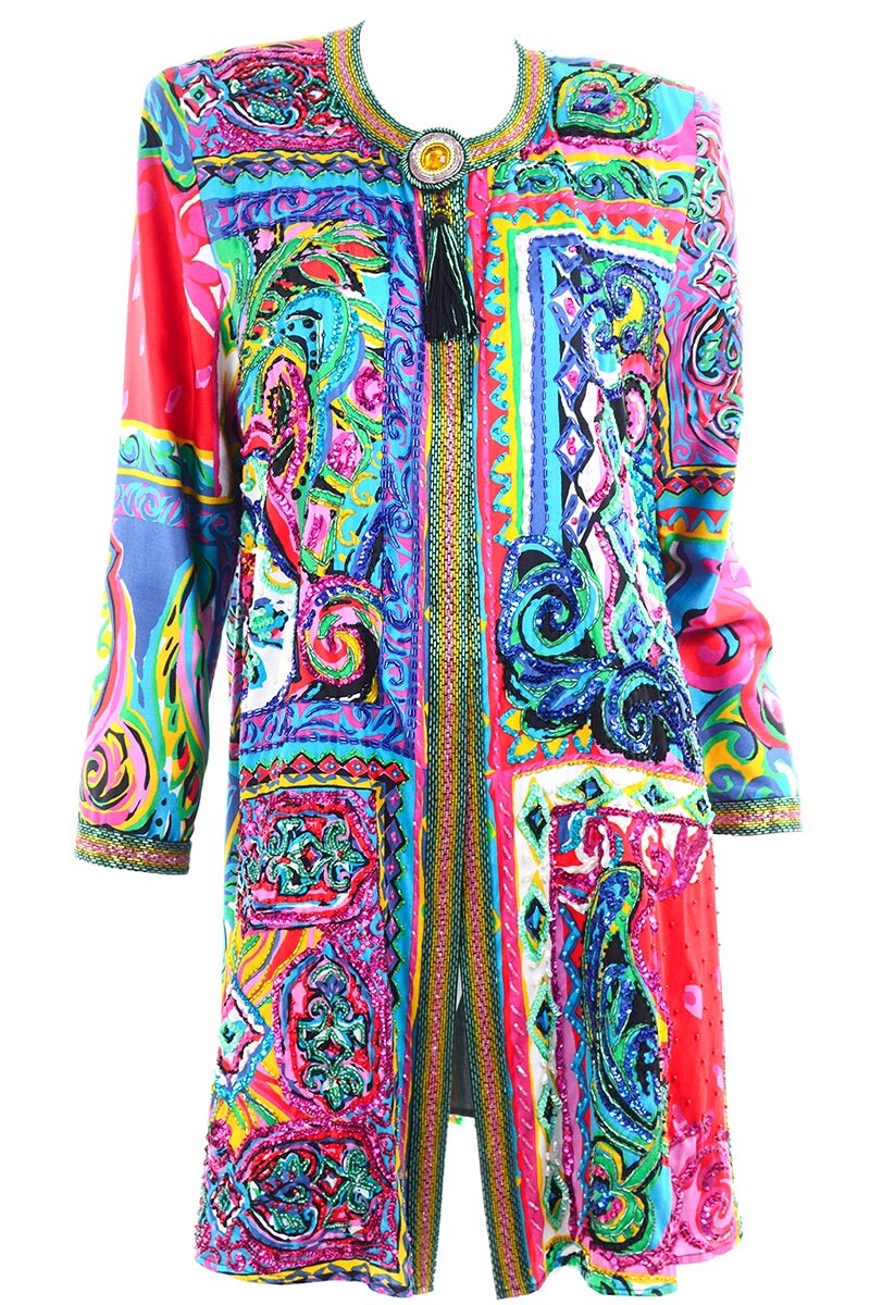 VINTAGE DIANE FREIS BEADED COTTON ABSTRACT PRINT JACKET W BEADS AND SEQUINS