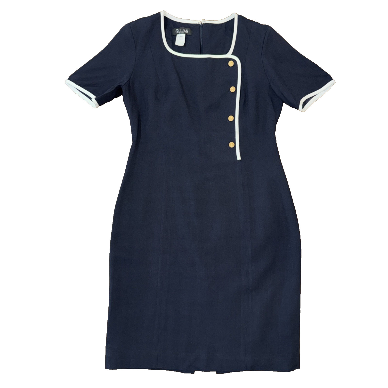 Vintage Navy Sheath Dress Petite 8 Union Made Gold Buttons White Trim Lined