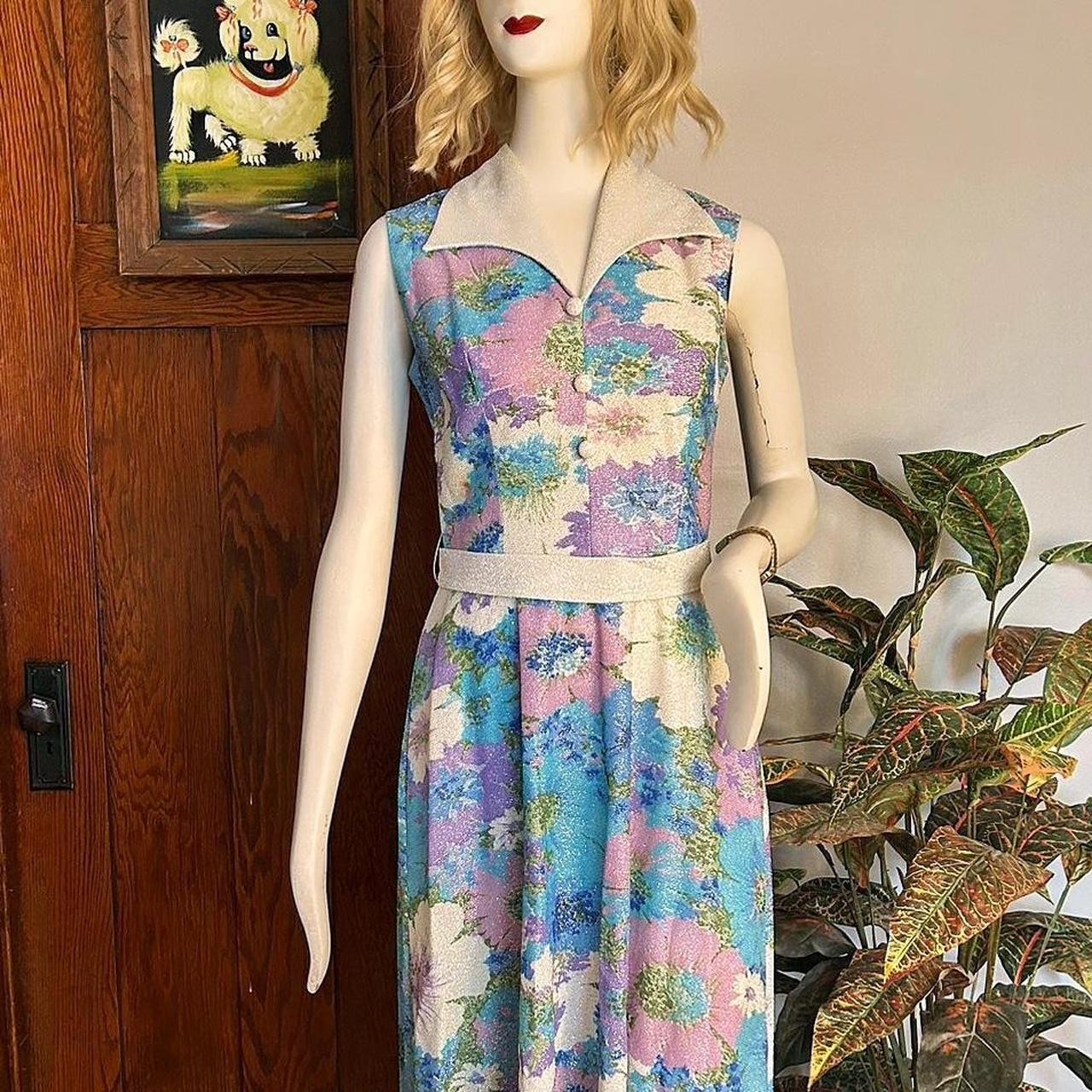 Vintage 1960s Metallic Lamé Floral Pastel Maxi Dress XS