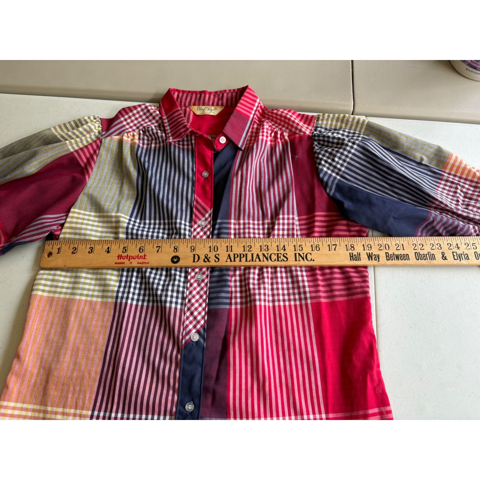 Cheryl Tiegs Vintage 80s Patchwork Plaid Button Down Shirt Red Multi Women’s Med