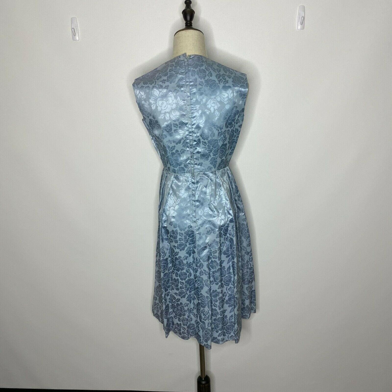Vintage Hand Made A Line Pin Up Dress Womens XS Blue Satin Floral Mod 70’s